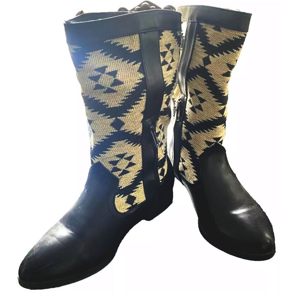 RAMPAGE Women’s Black Boots Booties Aztec Print Western, Almond Toe, Size 8